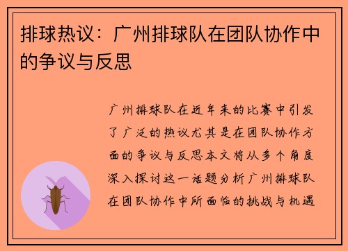 排球热议：广州排球队在团队协作中的争议与反思