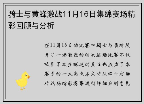 骑士与黄蜂激战11月16日集绵赛场精彩回顾与分析